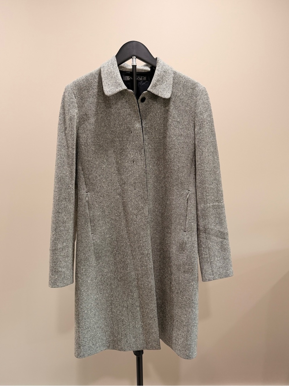 T Tahari Light Gray Single-Breasted Wool-Blend Long Blazer and Skirt